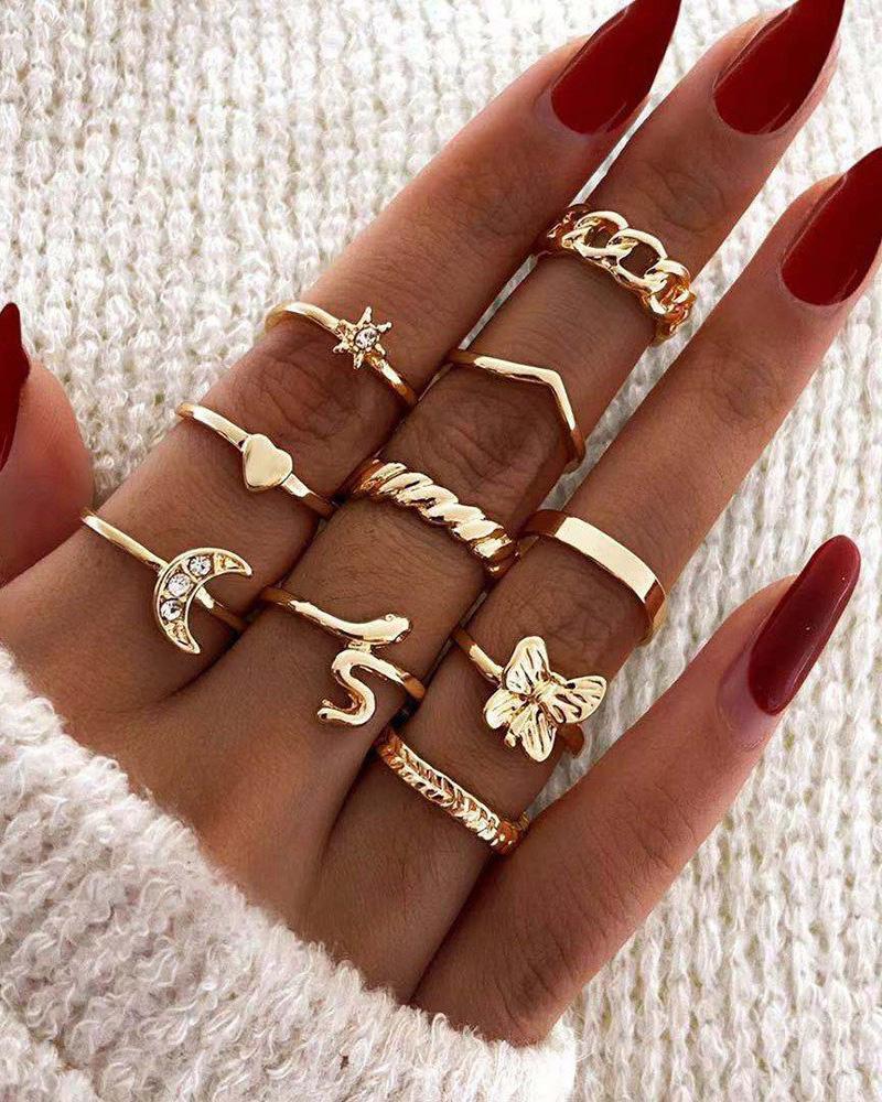 10PCS Snake Butterfly Moon Heart Pattern Rhinestone Decor Rings Set