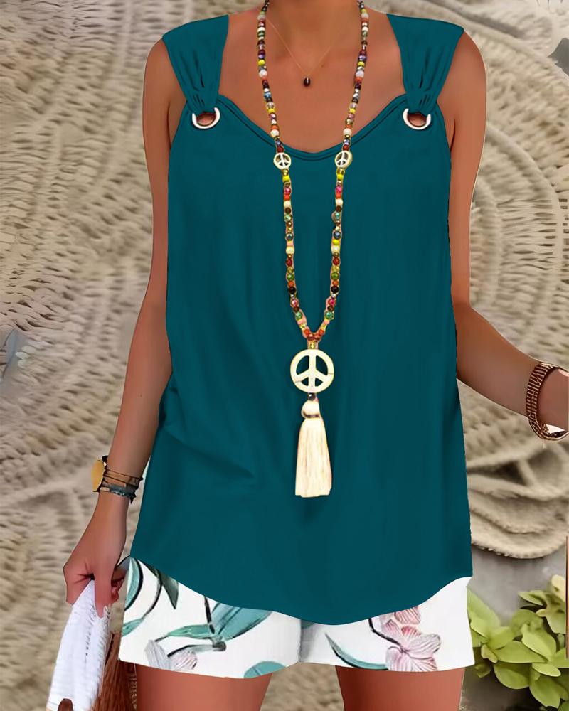 Eyelet Sleeveless Top & Tropical Print Shorts Set