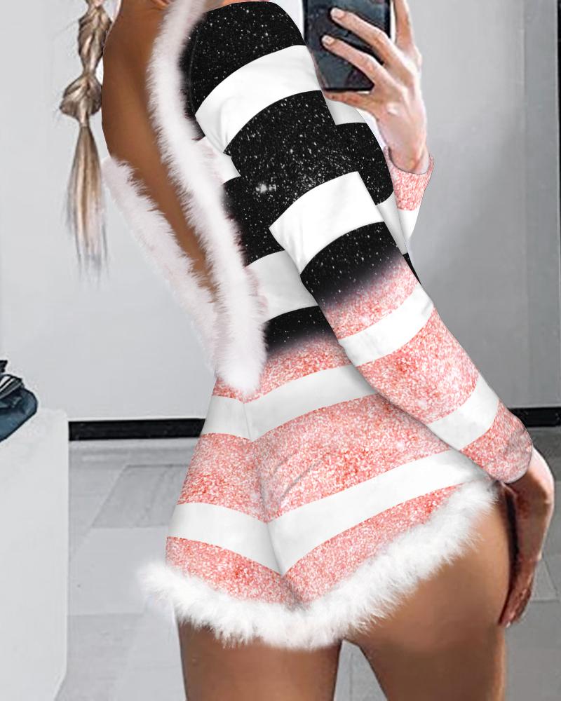 Pajama Rompers & Jumpsuits Striped Print Fuzzy Trim Backless Sleep Onesie