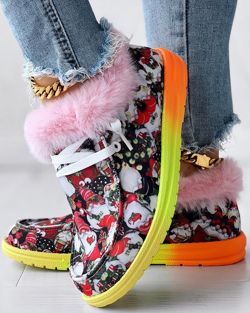 Christmas Gnomes Santa Graphic Print Fuzzy Detail Lined Ankle Boots