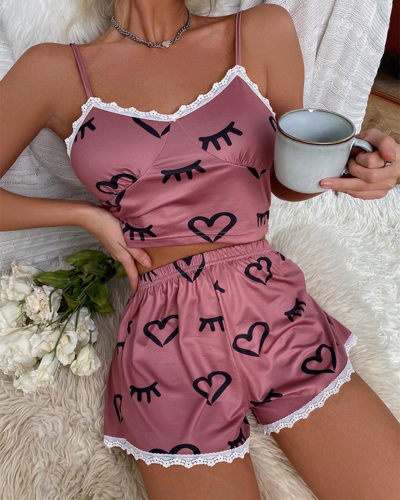   ChicMe Heart Cartoon Print Lace Patch Cami Set