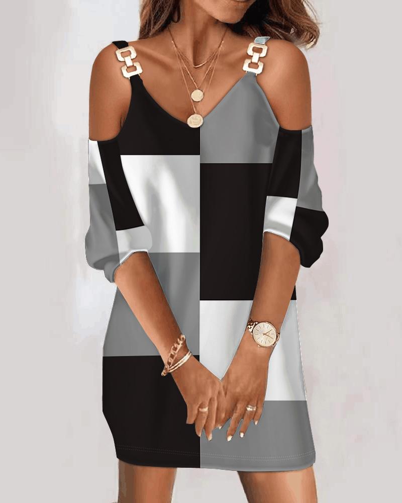 Geometric Print Cold Shoulder Casual Dress