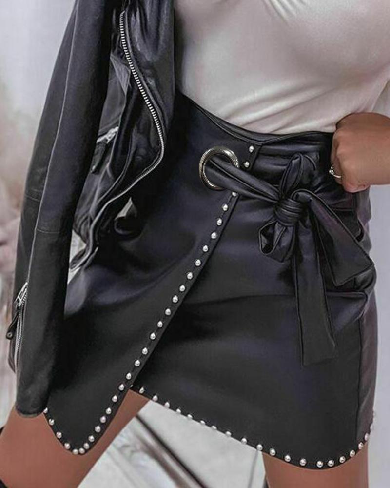   ChicMe PU Leather Eyelet Tied Detail Studded Asymmetrical Skirt