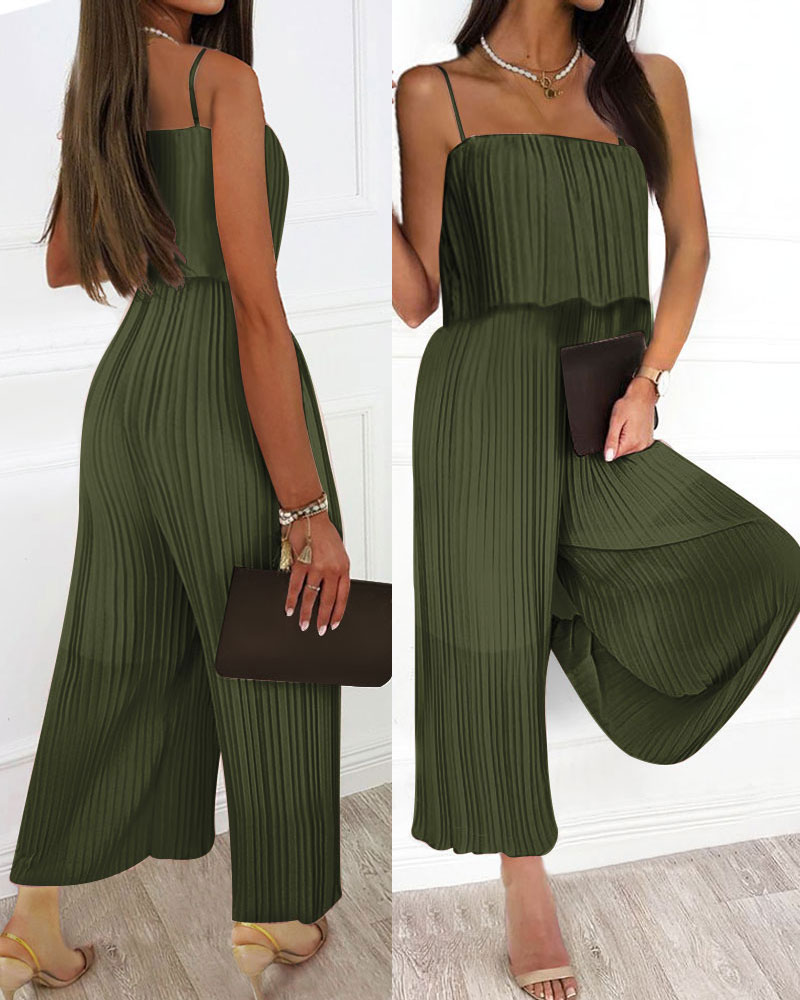 Spaghetti Strap Ruffle Hem Pleated Wide Leg Jumpsuit