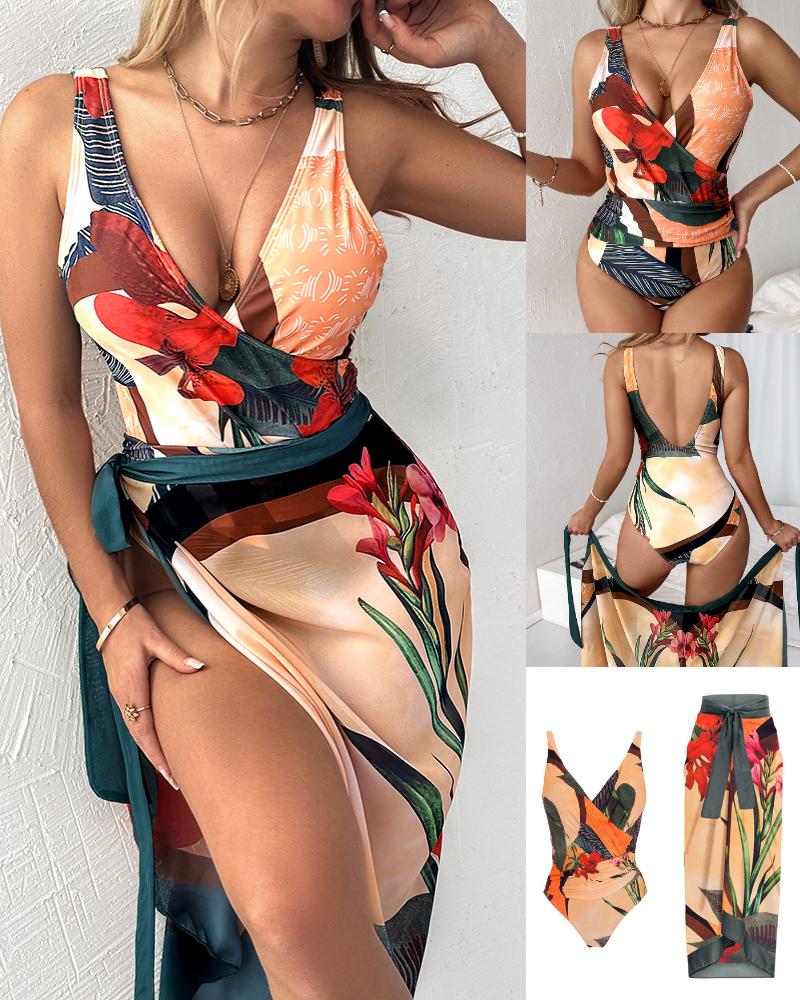  Tropical Print Ruched One-Piece Swimsuit With Cover Up