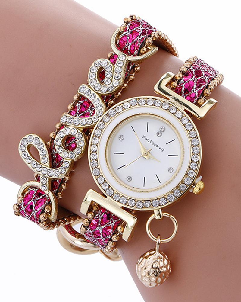 1pc Rhinestone Decor Lover Letter Pattern Bangle Quartz Watch