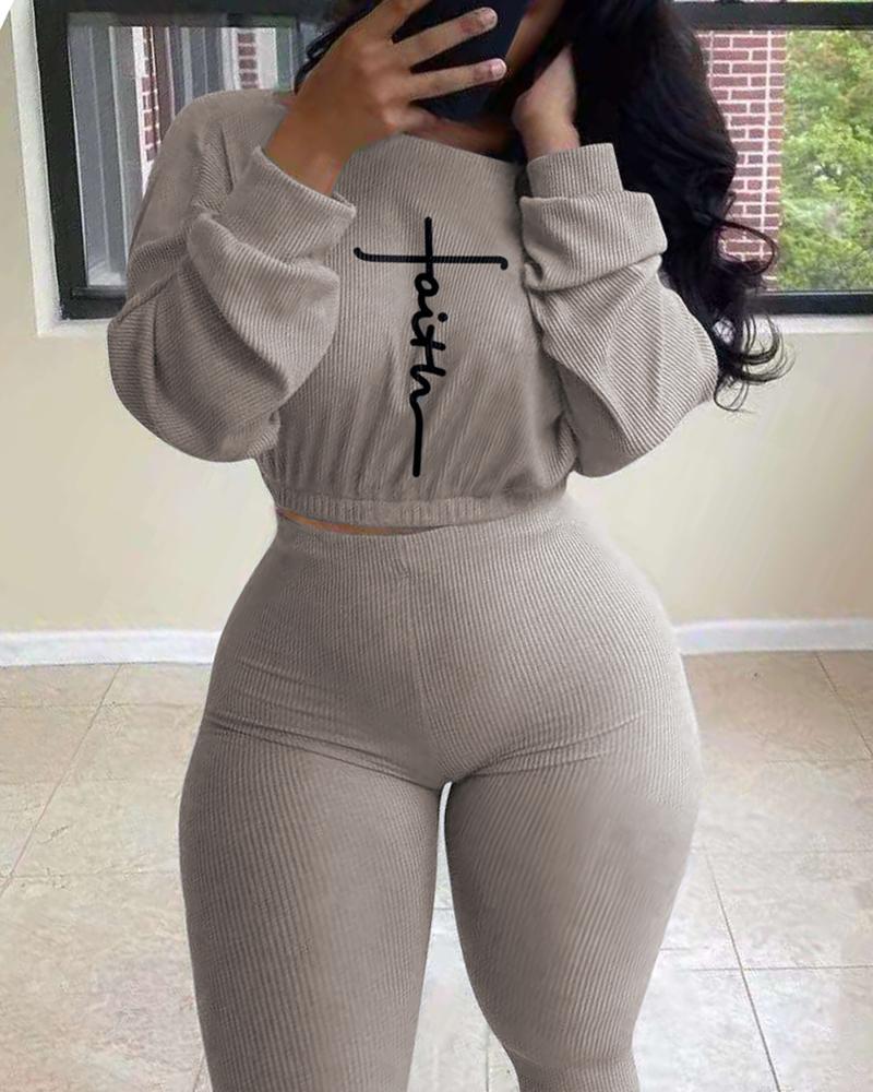 Ribbed Letter Embroidery Long Sleeve Top & Pants Set