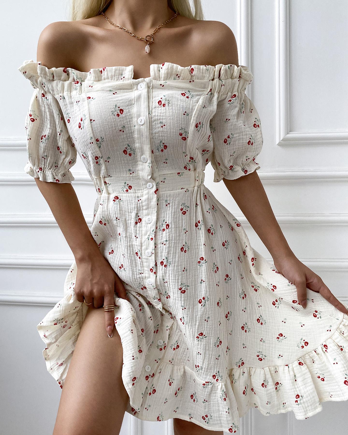 Off Shoulder Frill Hem Ditsy Floral Print Dress