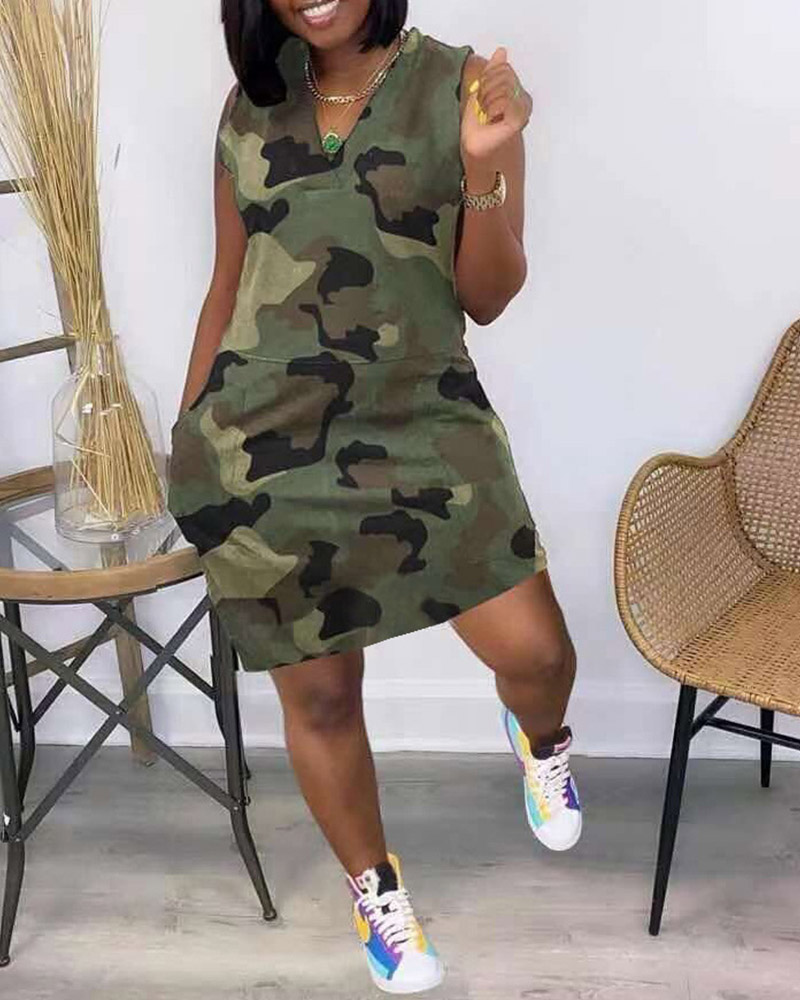 Sleeveless Camouflage Print Pocket Design Dress