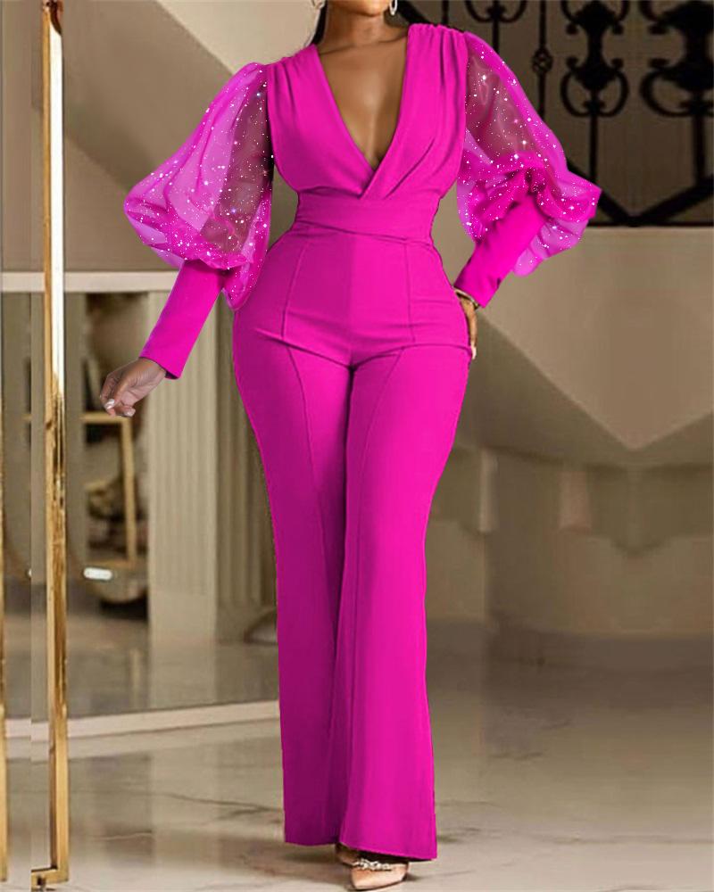 Glitter Sheer Mesh Puff Lantern Sleeve High Waist Jumpsuit