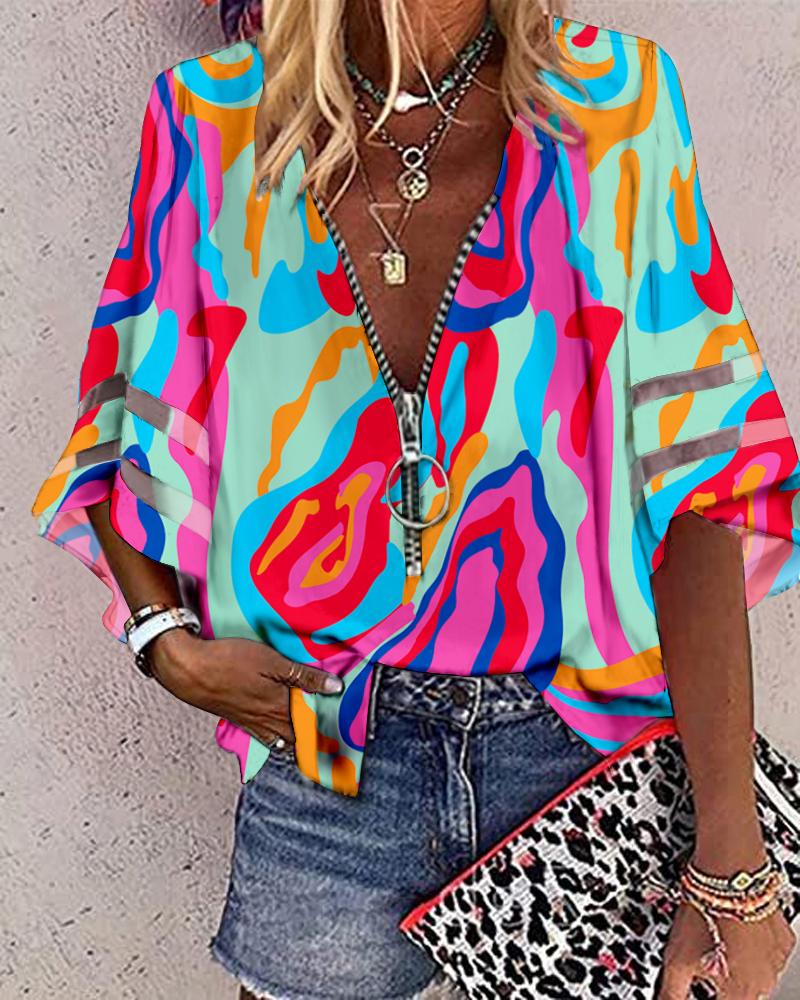 Multi-Color Abstract Print Bell Sleeve Zip Front Top