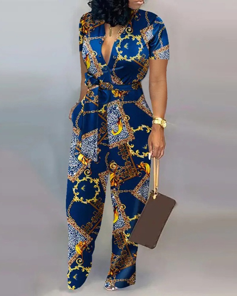 Baroque Print Tied Detail Wide Leg Jumpsuit