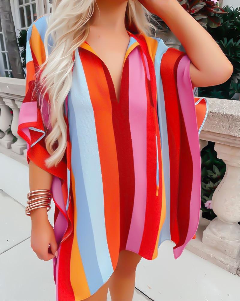 Colorblock Striped Print Split Hem Top