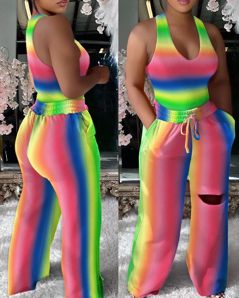 Ombre U-Neck Tank & Drawstring Cutout Wide Leg Pants Set