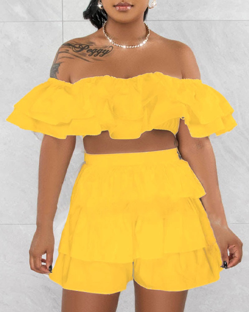 Layered Ruffle Hem Off Shoulder Top & Shorts Set