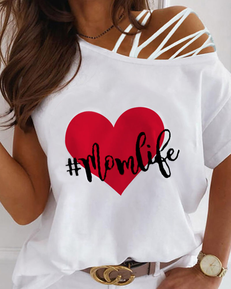 Mother's Day Lace-up One Shoulder Letter Heart Print Top