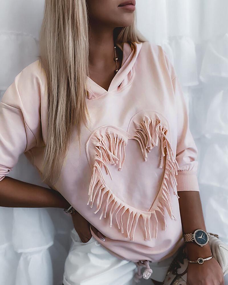 Hooded Heart Pattern Tassel Design Top