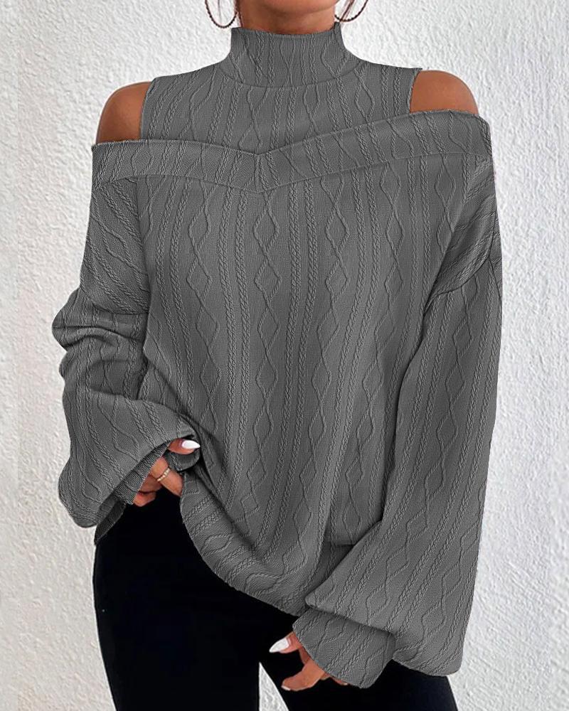 Lantern Sleeve Cold Shoulder Cable Textured Top