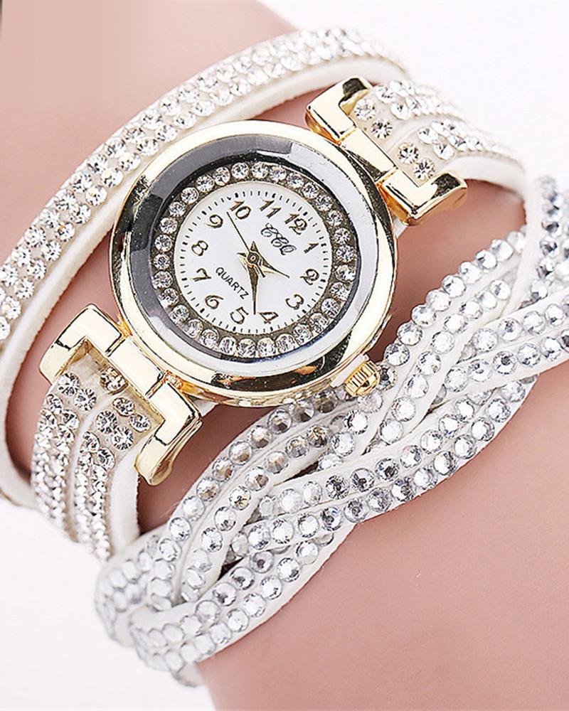 1pc Allover Rhinestone Braided Bangle Quartz Watch