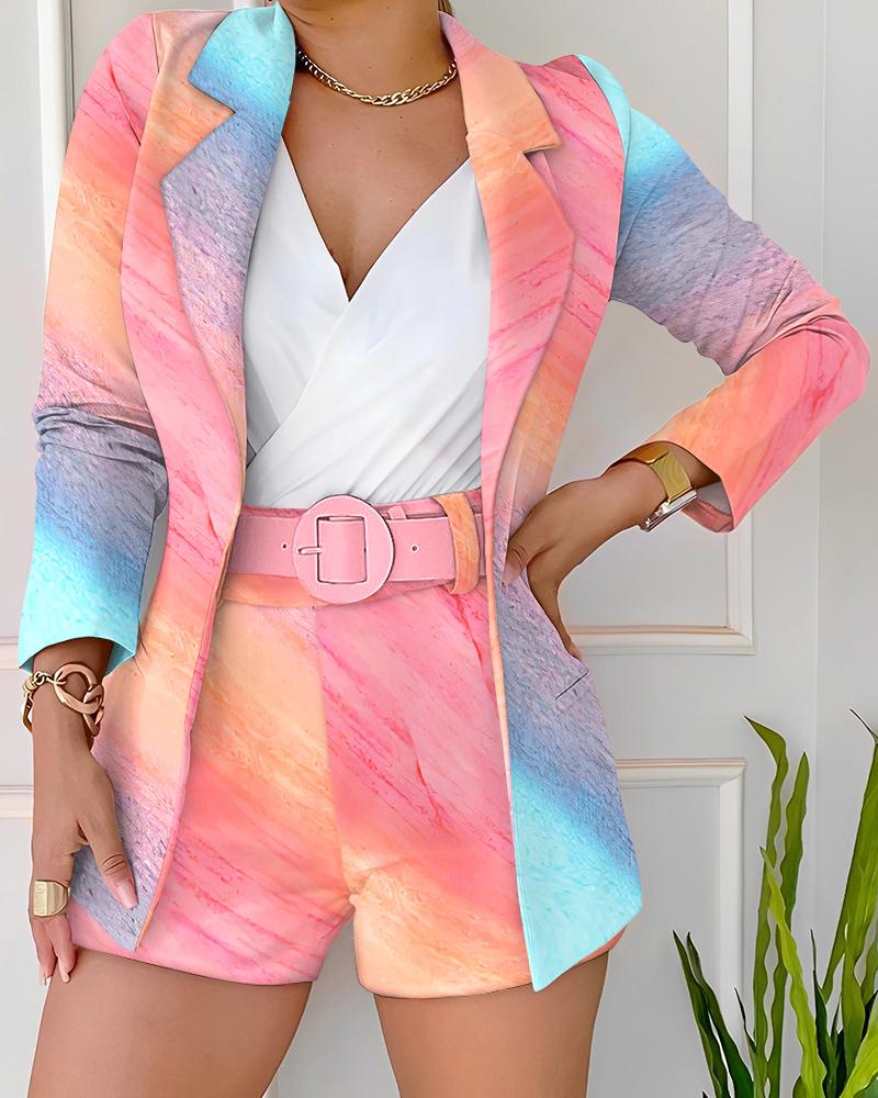 Tie Dye Print Ombre Blazer Coat & Shorts Set With Belt