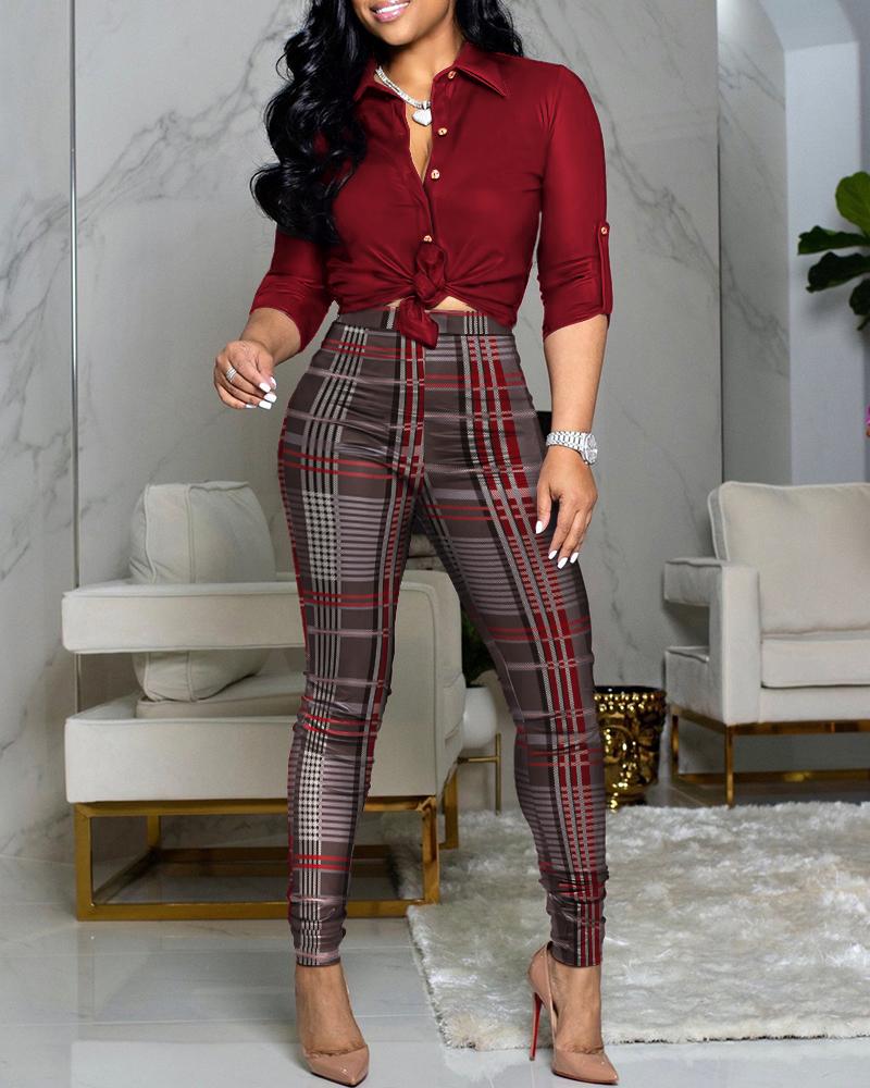 Long Sleeve Button Down Shirt & Plaid Pants Set