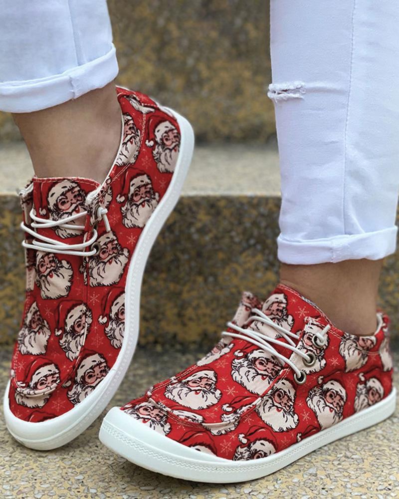 Christmas Lace-up Graphic Print Canvas Slip-On