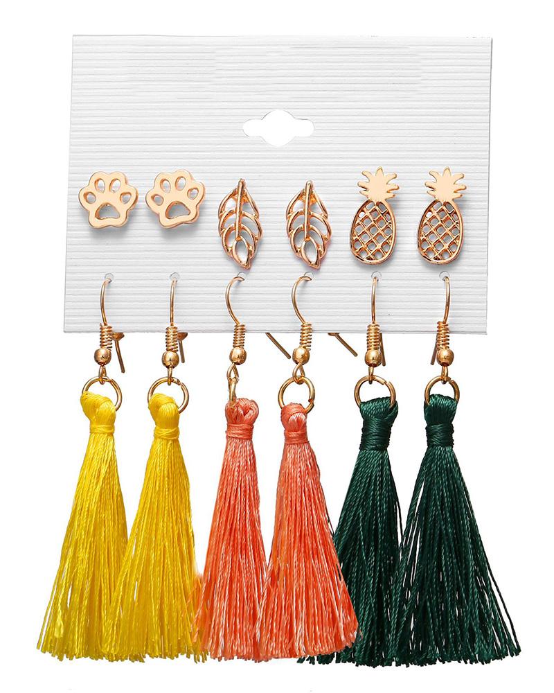 6 Pairs Beaded Hoop Tassel Ear Cuff Earring Set