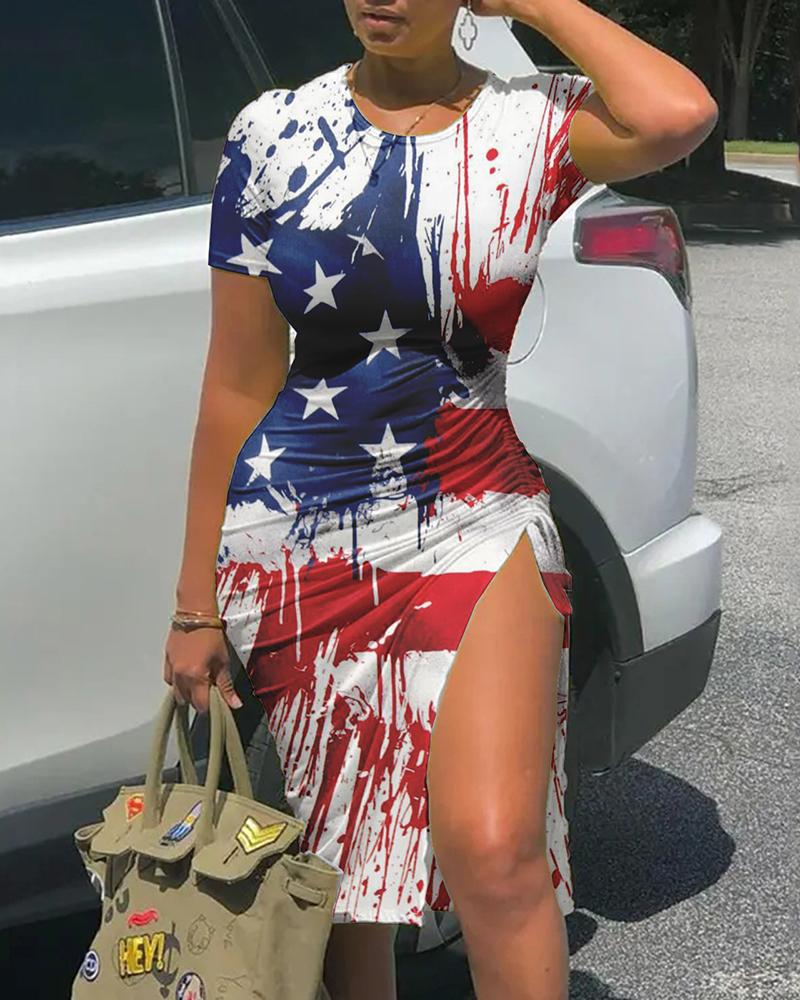 Independence Day Flag Print Drawstring Slit Casual Dress