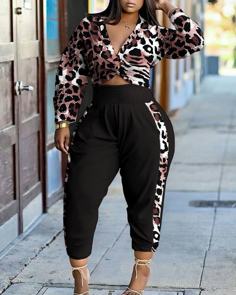 Leopard Print Twisted Crop Top & High Waist Pants Set