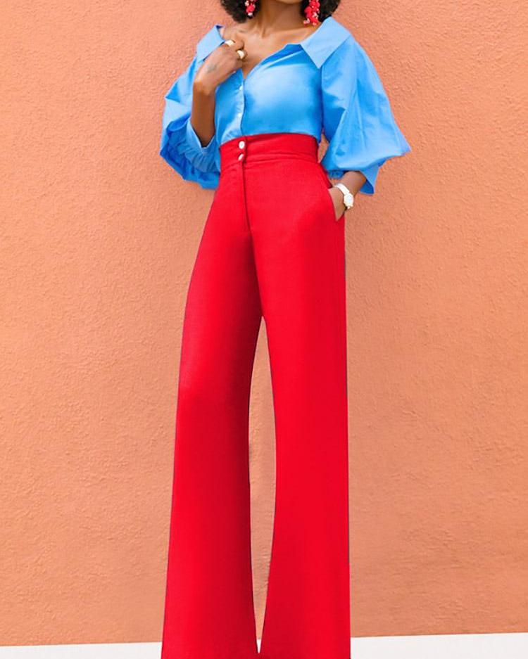 Solid Button High Waist Wide Leg Pant