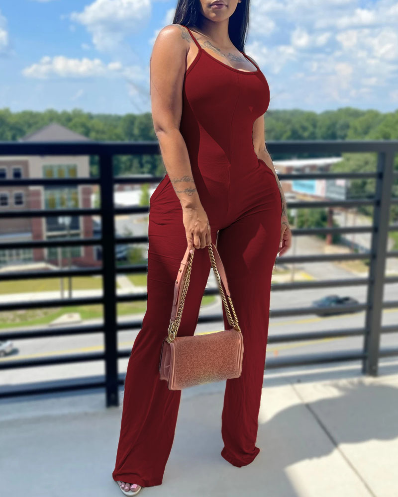 U Neck Sleeveless Pocket Design Jumpsuit