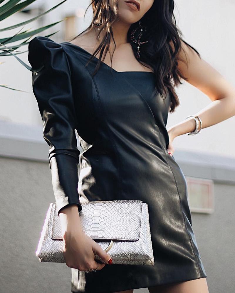 Solid PU Puff Sleeve Ruched Bodycon Dress