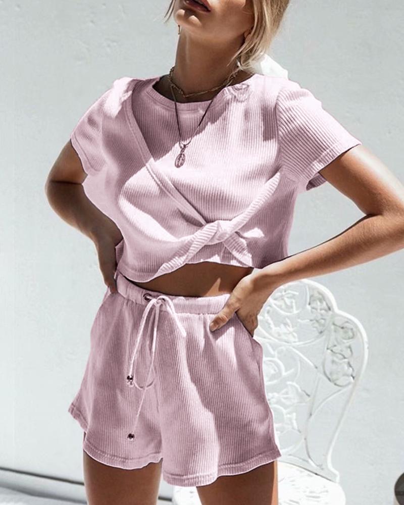 Ribbed Solid Twisted Top & Short Set