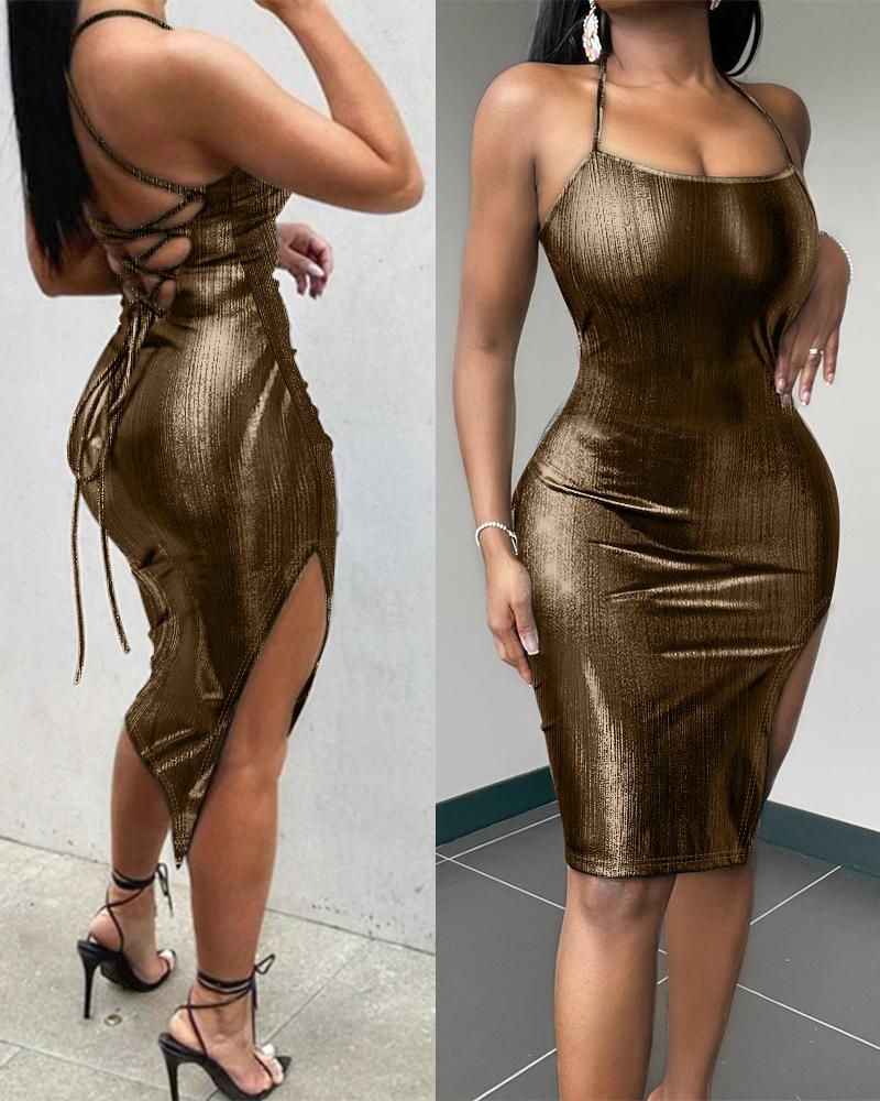 Backless Slit Metallic Bodycon Dress