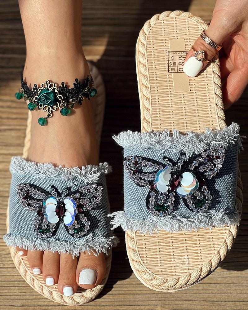 Denim Crystal Sequin Butterfly Pattern Wide Strap Beach Slippers