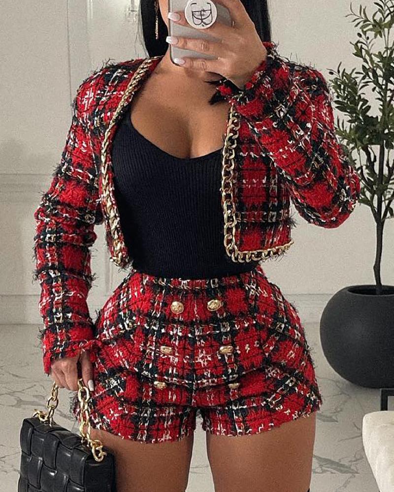 Plaid Pattern Chain Design Coat & Buttoned Shorts Set