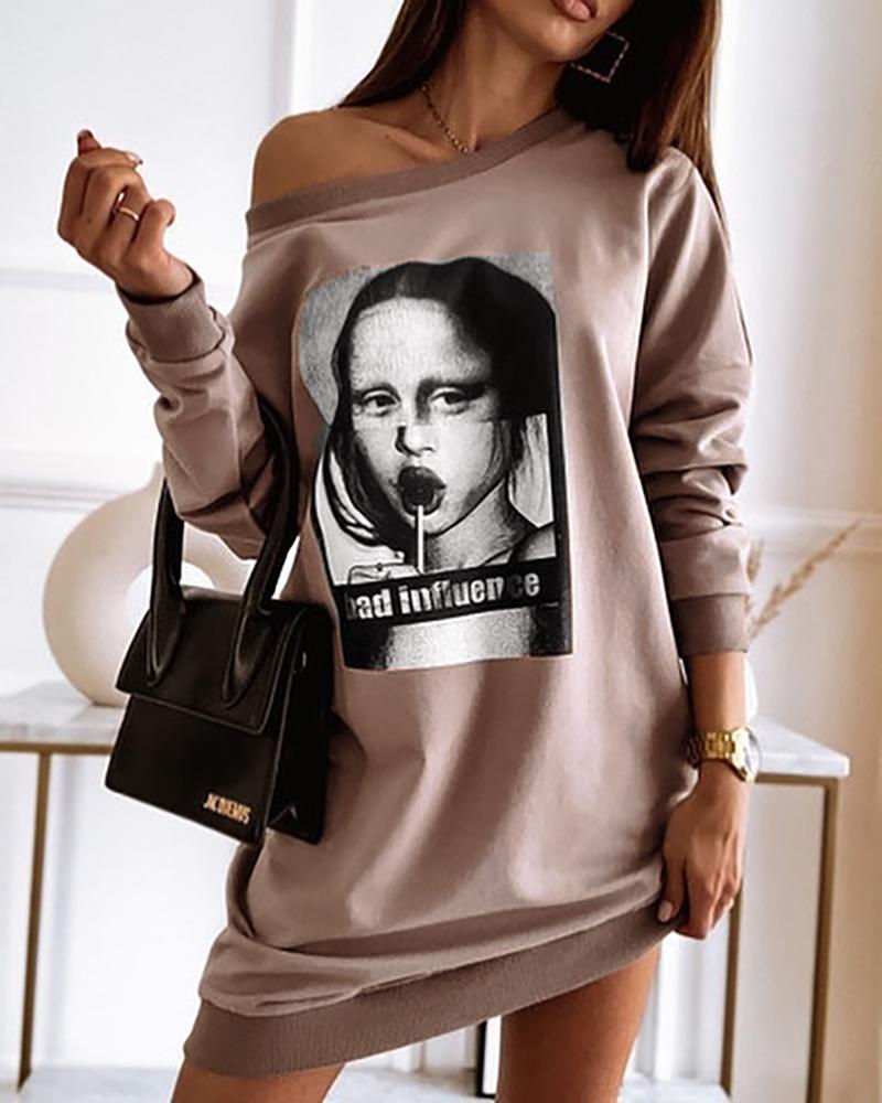 Figure Print Contrast Binding Sweatshirt Dress