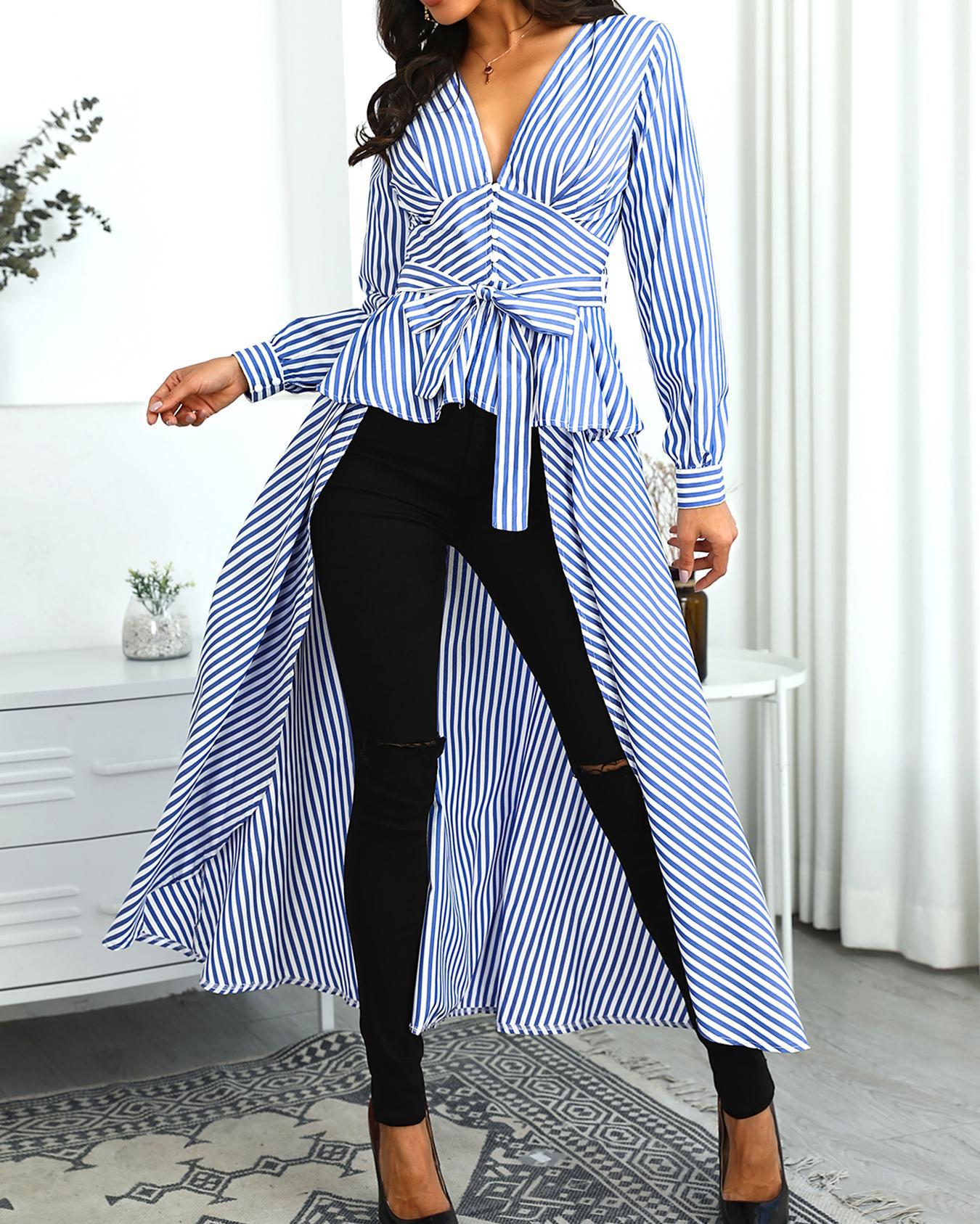 V-Neck Striped Tie Waist Dip Hem Irregular Blouse