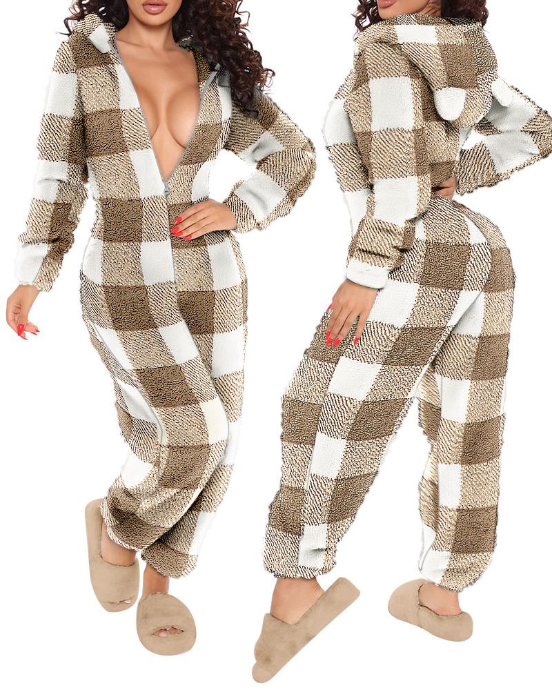   ChicMe Plaid Print Zipper Front Hooded Fluffy Adult Onesie