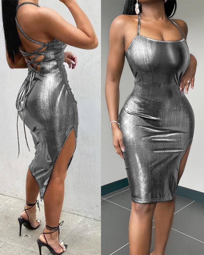 Backless Slit Metallic Bodycon Dress