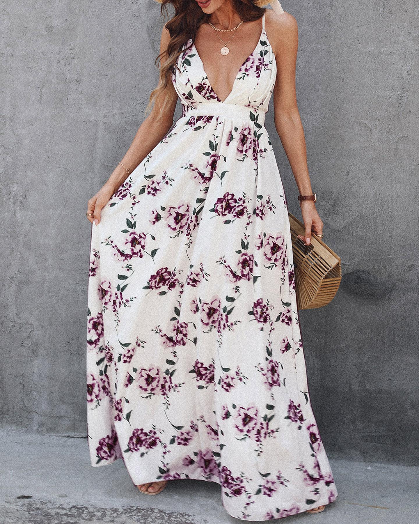 Floral Print Crisscross Backless Maxi Dress