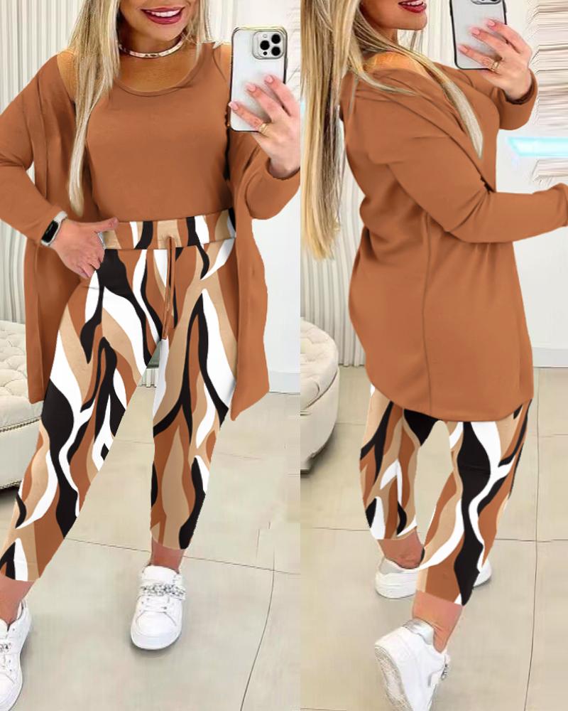 Plus Size Tank Top & Abstract Print Drawstring Pants Set With Coat