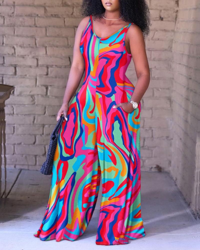 Muti-Color Abstract Print Pocket Design Cami Jumpsuit