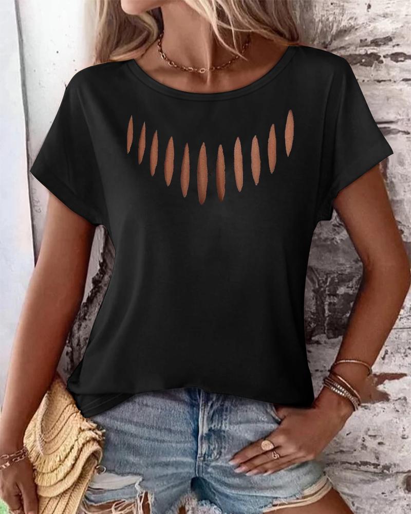 Ladder Cutout Round Neck Casual T-shirt