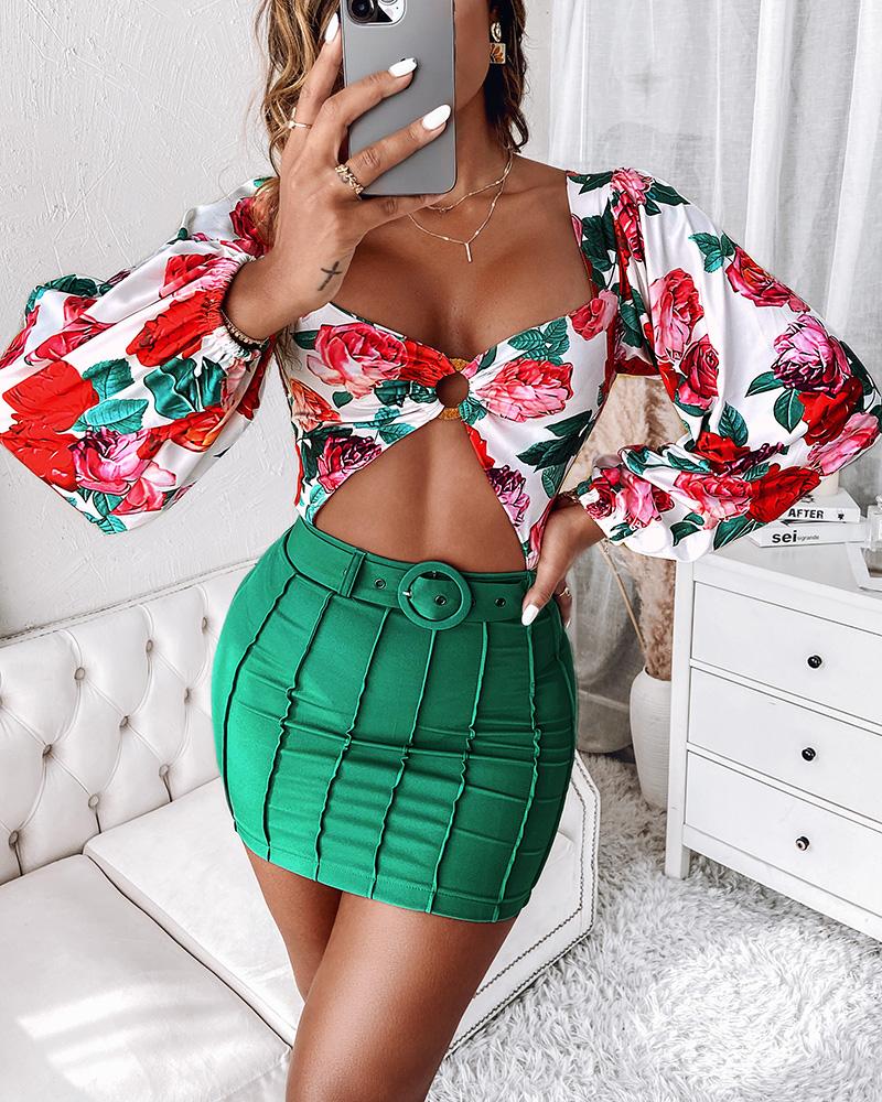 O-Ring Decor Floral Print Lantern Sleeve Bodysuit & Skirt Set