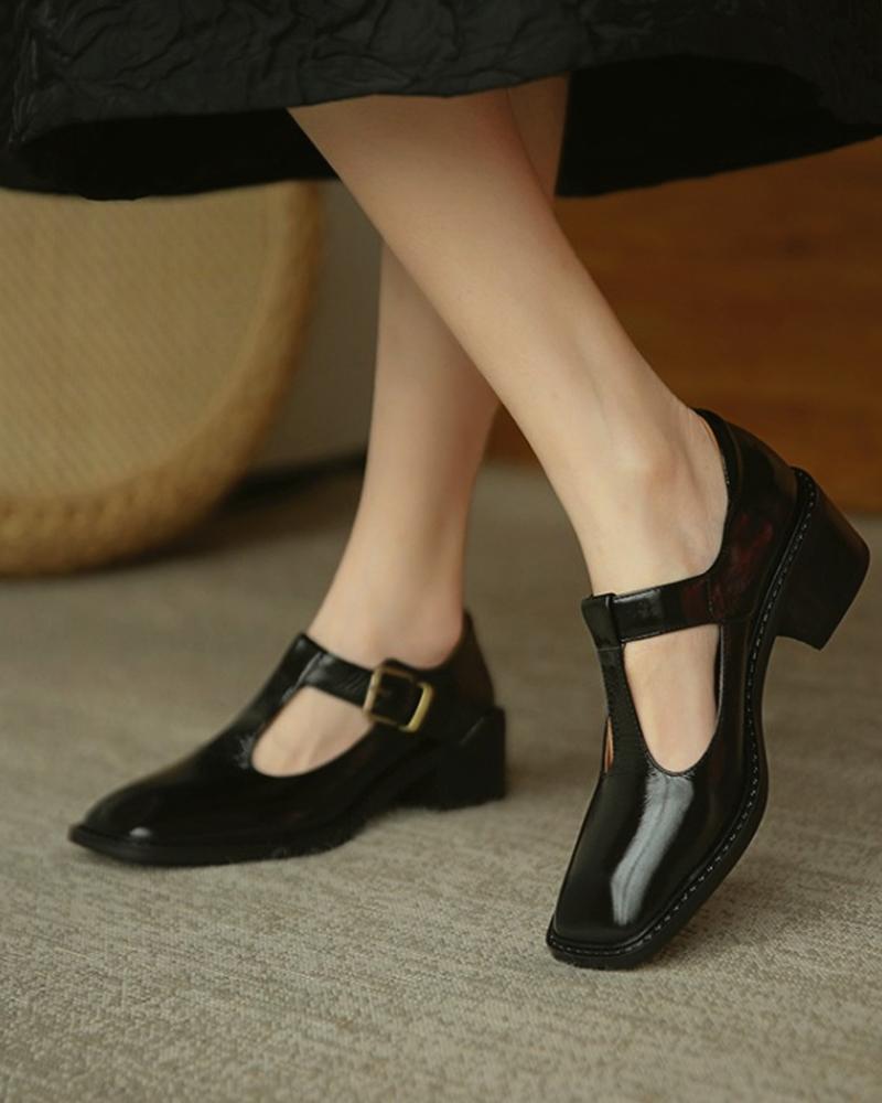 Square Toe Cutout Buckled Chunky Heels