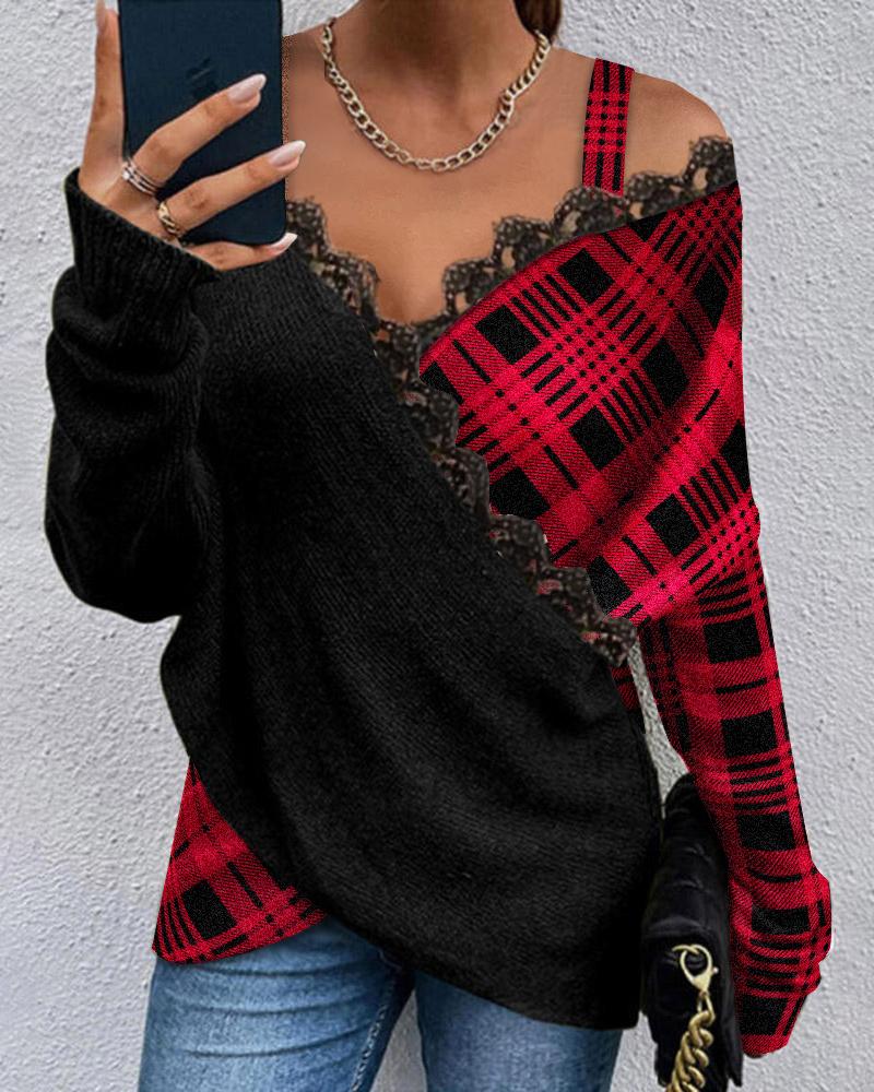 Plaid Print Contrast Lace Cold Shoulder Wrap Top