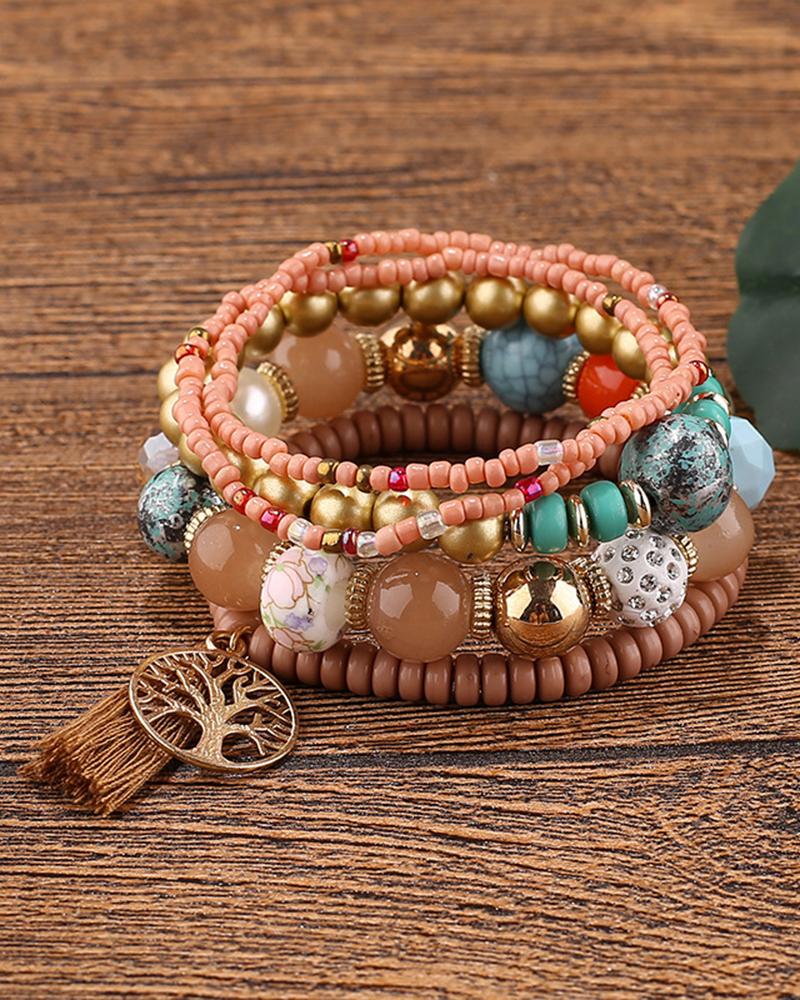  1pc Bohemian Beaded Hollow Out Geometric Tassel Multi-layer Bracelet