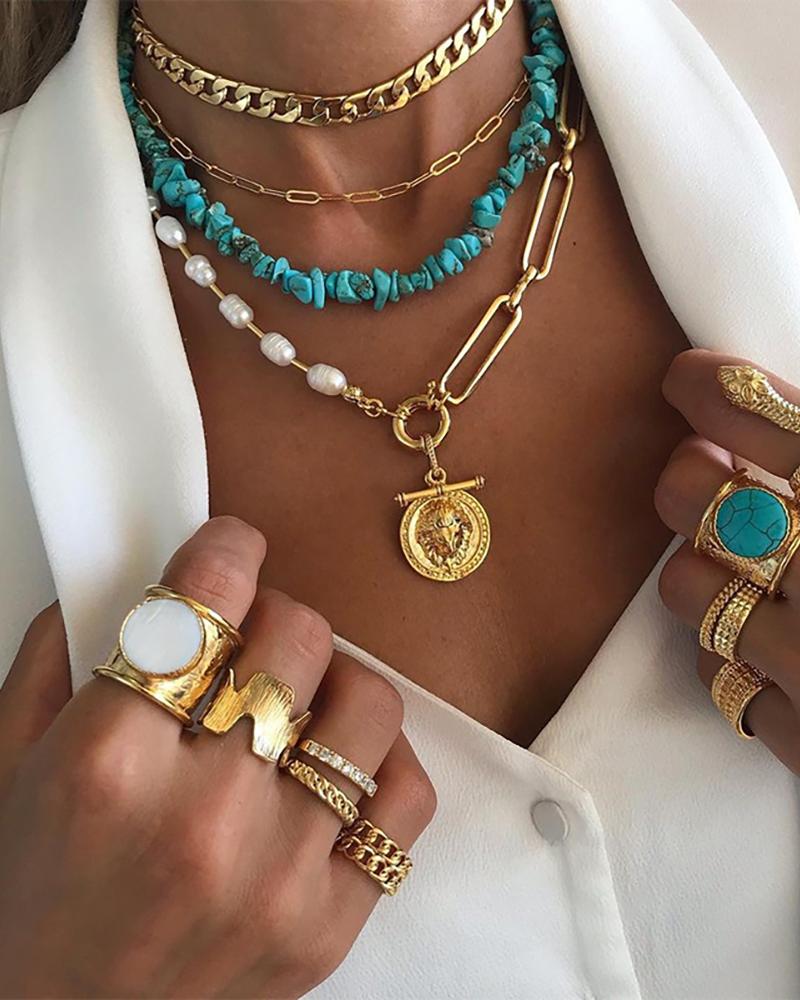 Coin Pendant Beaded & Chain Layered Necklace