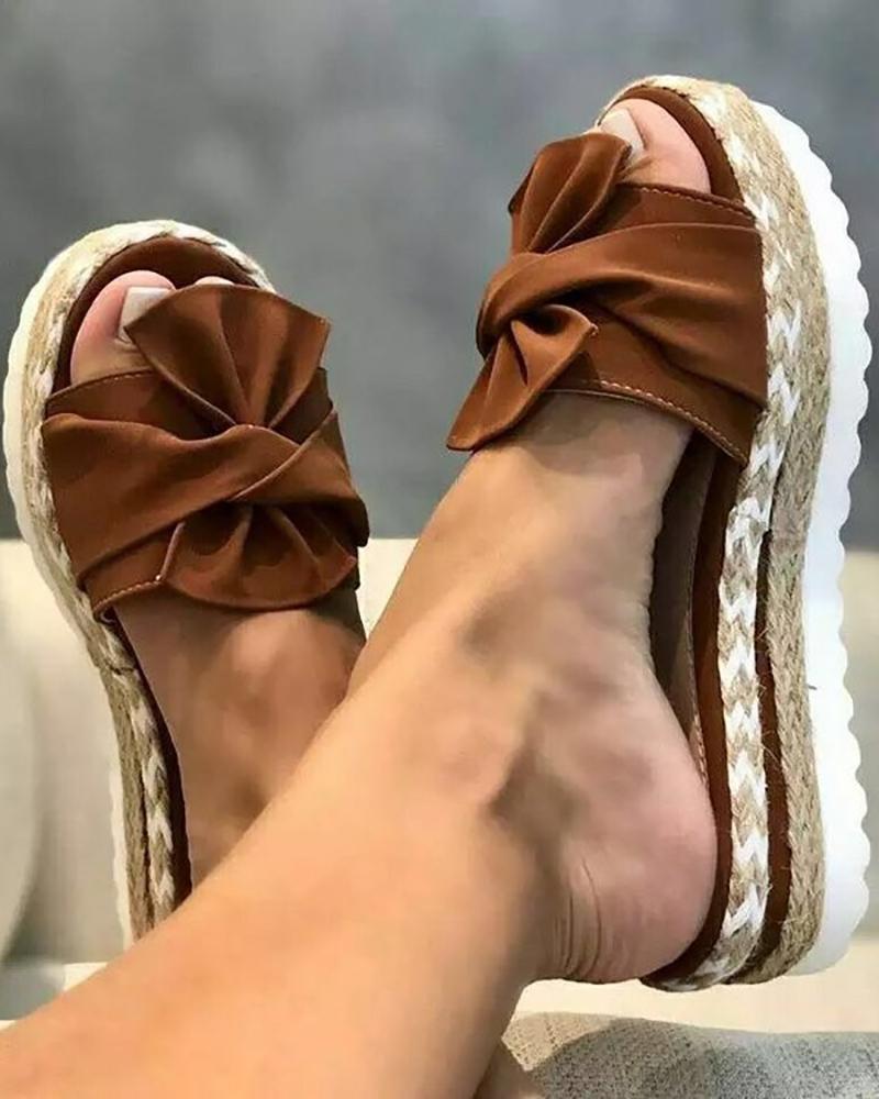 Bowknot Design Woven Flax Slippers